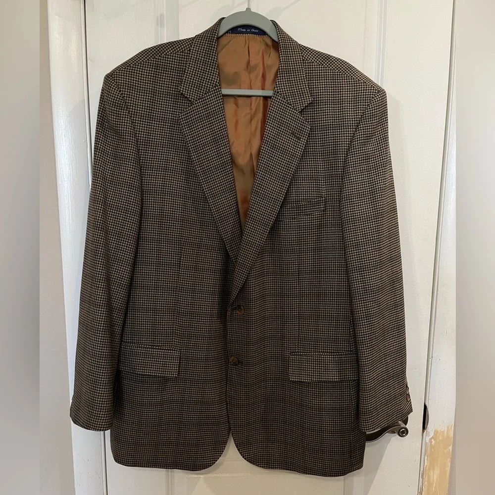 Alan Flusser Worsted Wool Houndstooth Blazer Jacket Sz 46R Tan/ Brown Academia